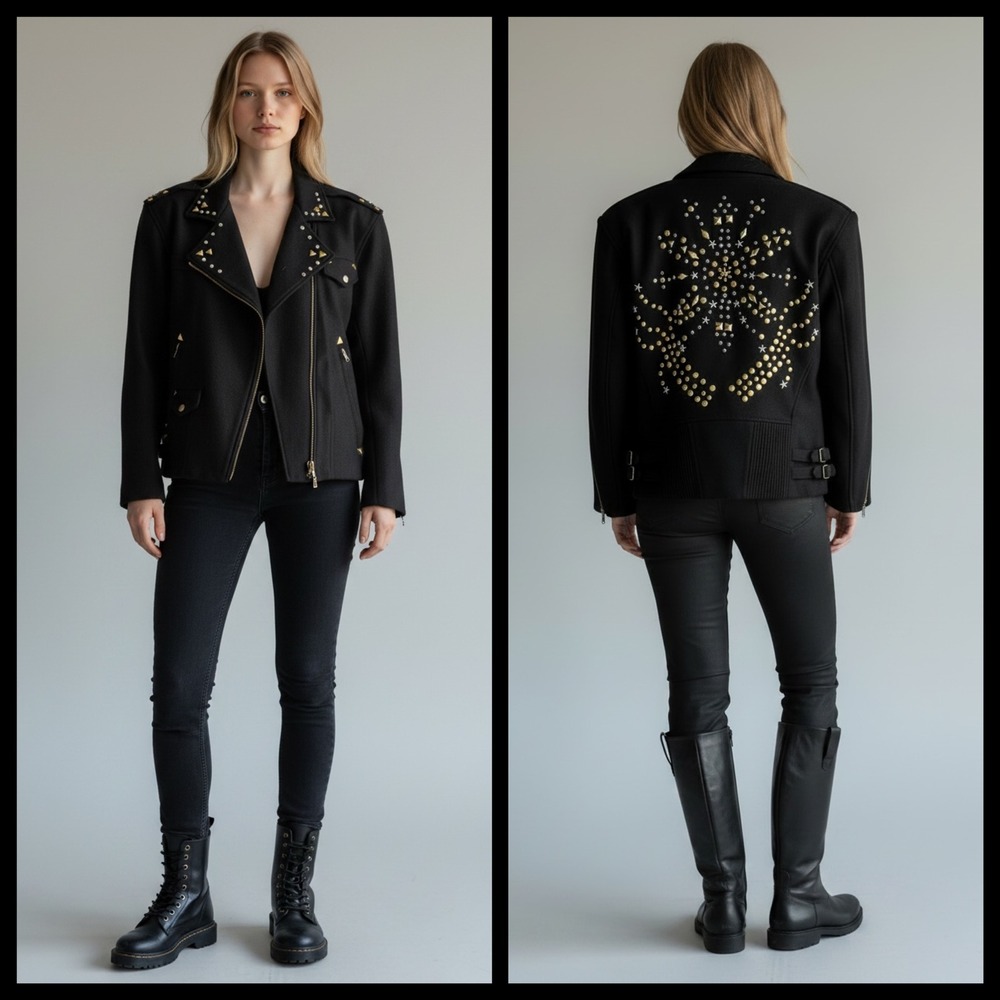 Vintage 80s Adam Douglass‎ Adrianna Papell Studded Wool Moto Jacket L/XL Black